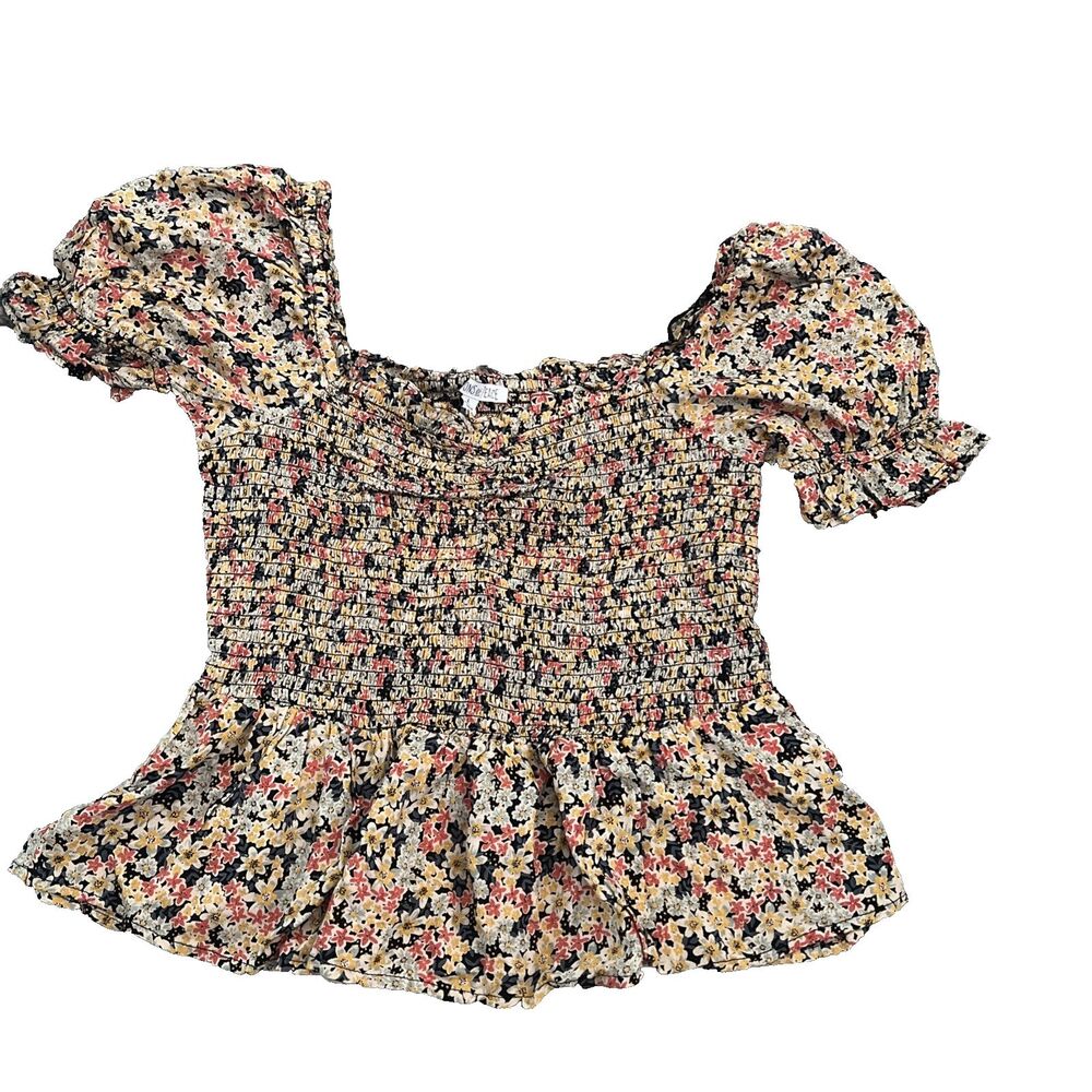 NWT Patrons of Peace Autumn Floral Smocked Peplum Top Womens Size L Ruched Boho